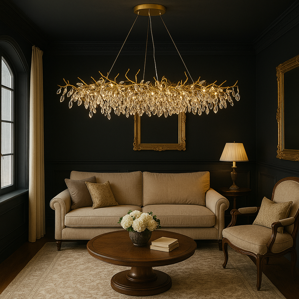 Glass Chandelier – French Style Gold Branch Design With Crystal Leaf Details