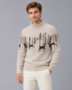 Men's Soft Knit Christmas Jumper | Festive Reindeer Mock Neck Sweater | Brushed Knit Holiday Knitwear for Men's Winter