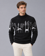 Men's Soft Knit Christmas Jumper | Festive Reindeer Mock Neck Sweater | Brushed Knit Holiday Knitwear for Men's Winter