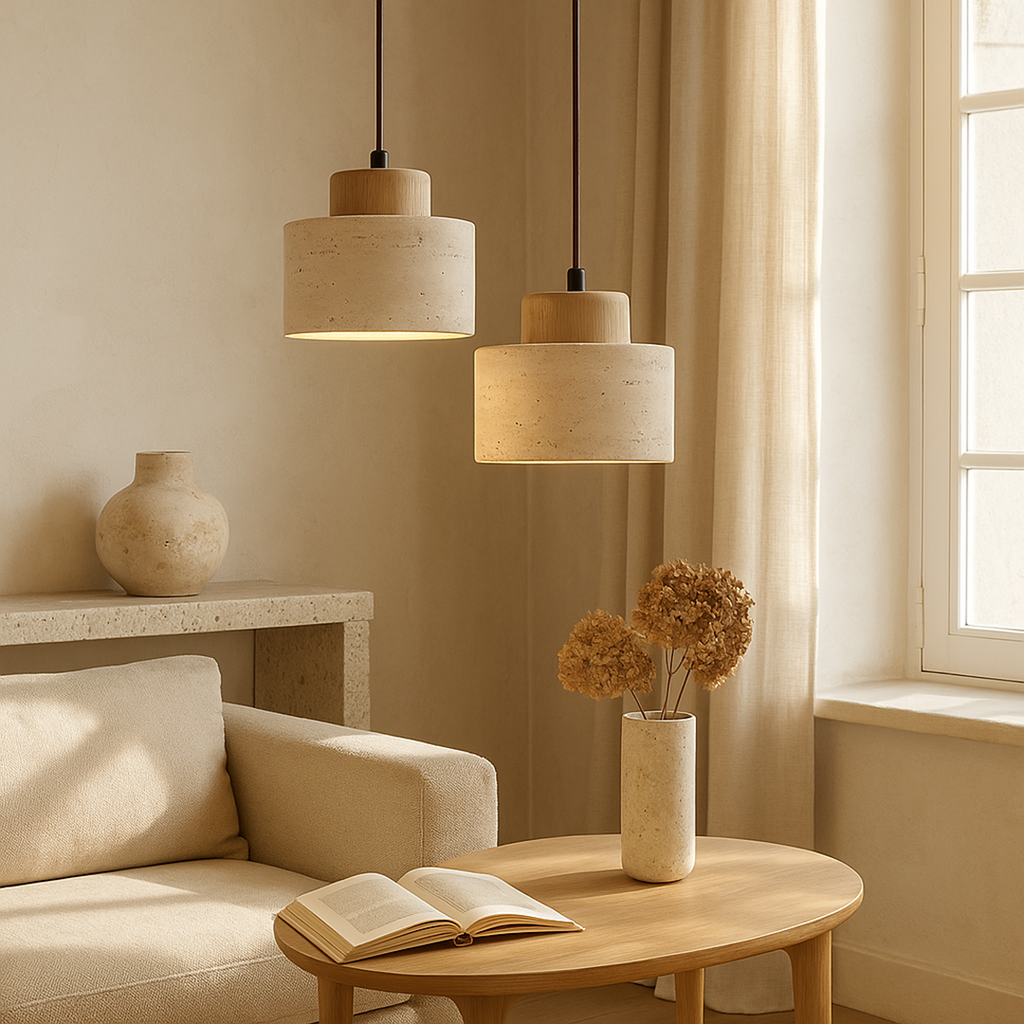 Travertine Stone Pendant Lamp – Cylindrical Natural Texture Minimalist Design