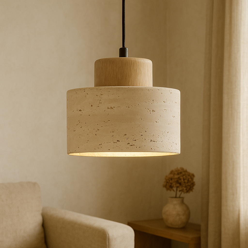 Travertine Stone Pendant Lamp – Cylindrical Natural Texture Minimalist Design