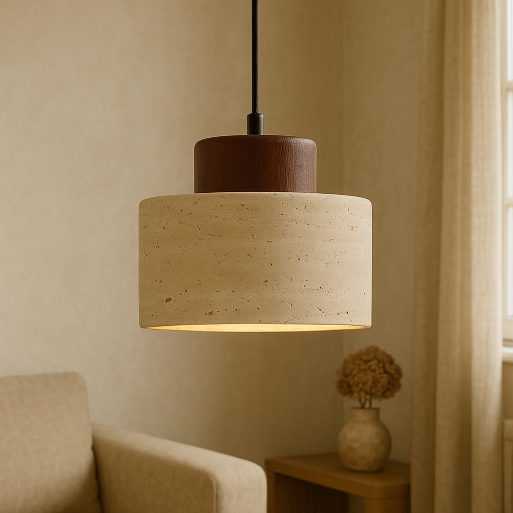 Travertine Stone Pendant Lamp – Cylindrical Natural Texture Minimalist Design