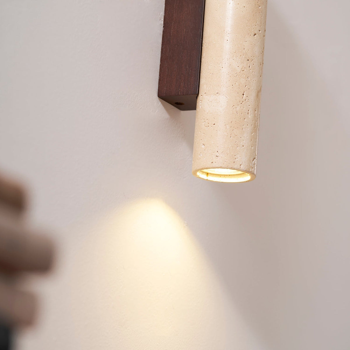 Plug-in Wall Lamp Travertine and Walnut Wood | Natural Mineral Stone Sconce | Easy No-Hardwire Installation for Any Room