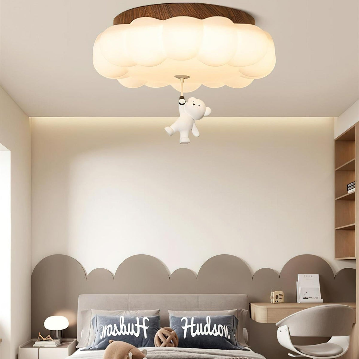 LED Ceiling Light Acrylic and Metal 50cm Diameter | Bear and Cloud Design | Soft Warm White Lighting for Kids Rooms