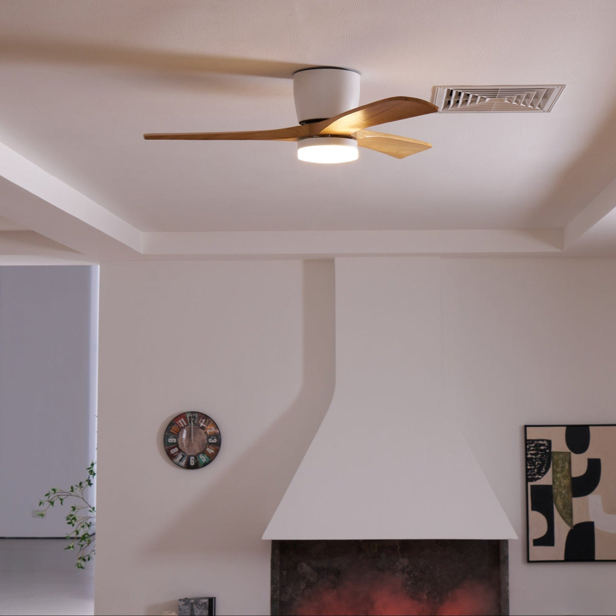Ceiling Fan with Light Sycamore Wood Blades | Silent 6-Speed DC Motor | Flush Mount Nordic Design for Home Interiors