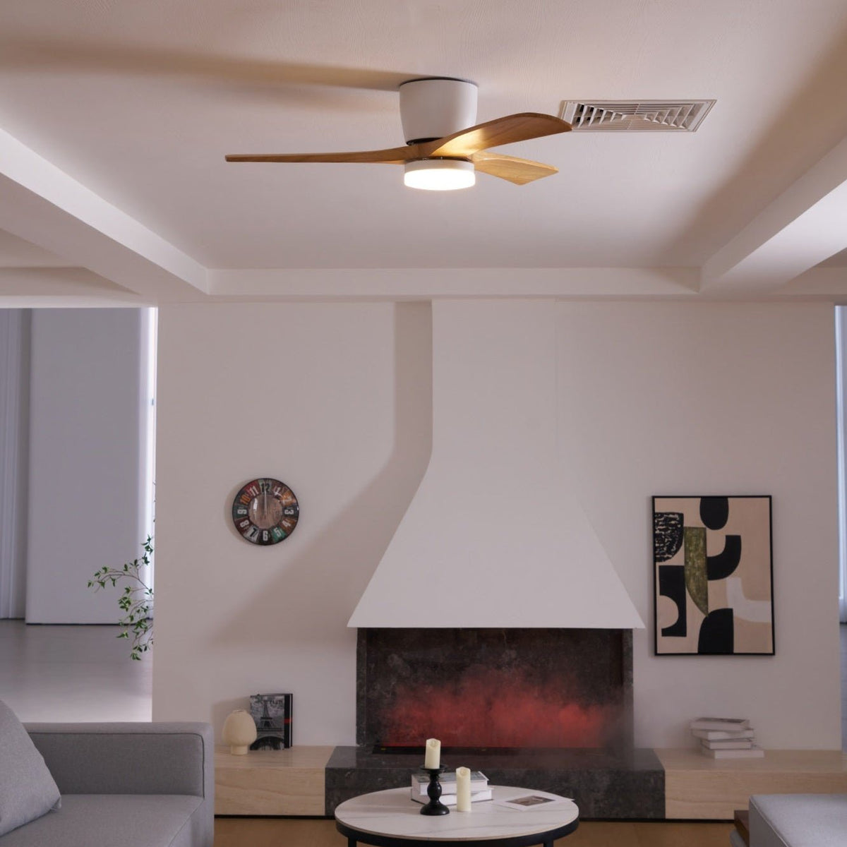 Ceiling Fan with Light Sycamore Wood Blades | Silent 6-Speed DC Motor | Flush Mount Nordic Design for Home Interiors