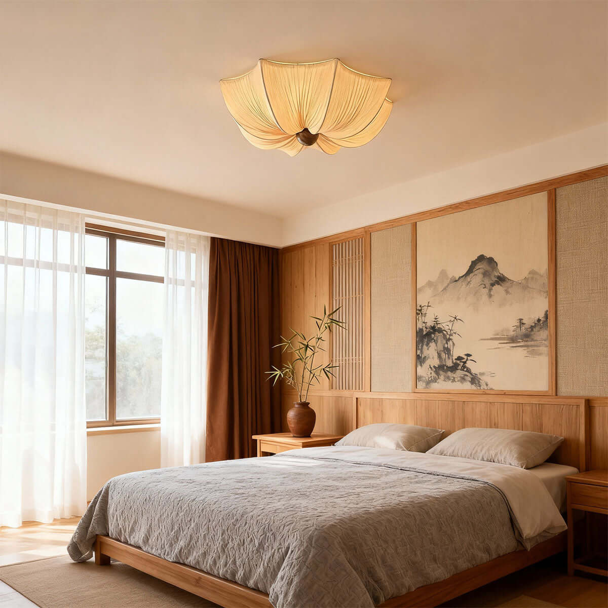 Ceiling Light Metal Fabric Wood | Modern Minimalist Flush Mount | Integrated 50,000 Hour LED for Ambient Indoor Lighting