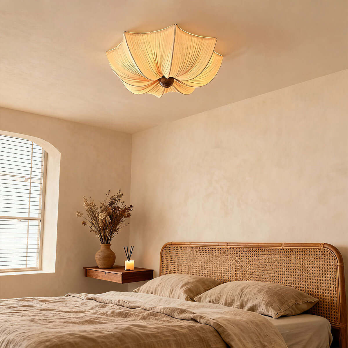 Ceiling Light Metal Fabric Wood | Modern Minimalist Flush Mount | Integrated 50,000 Hour LED for Ambient Indoor Lighting