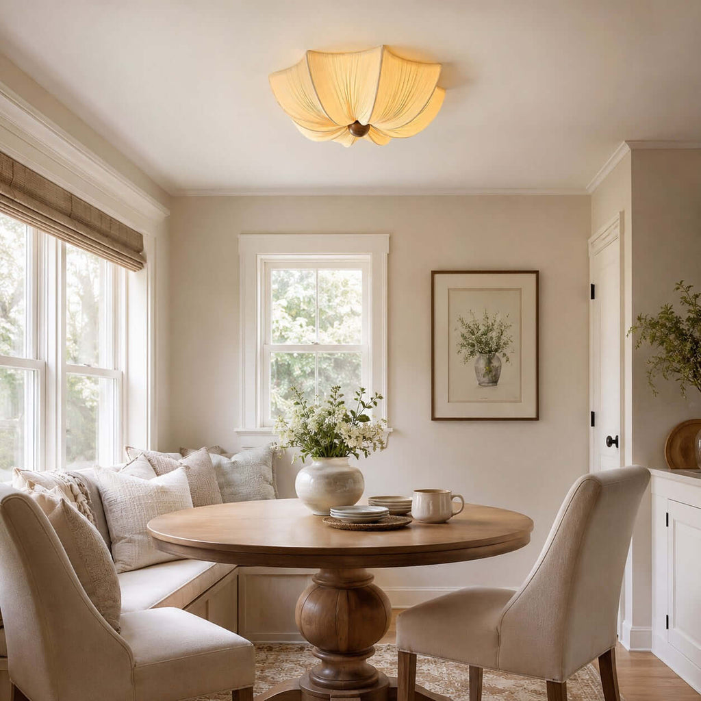 Ceiling Light Metal Fabric Wood | Modern Minimalist Flush Mount | Integrated 50,000 Hour LED for Ambient Indoor Lighting