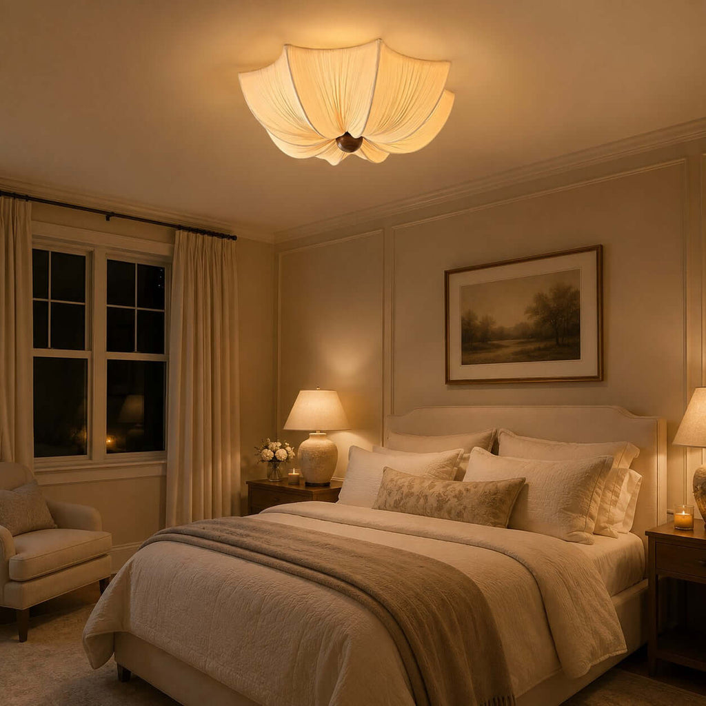 Ceiling Light Metal Fabric Wood | Modern Minimalist Flush Mount | Integrated 50,000 Hour LED for Ambient Indoor Lighting