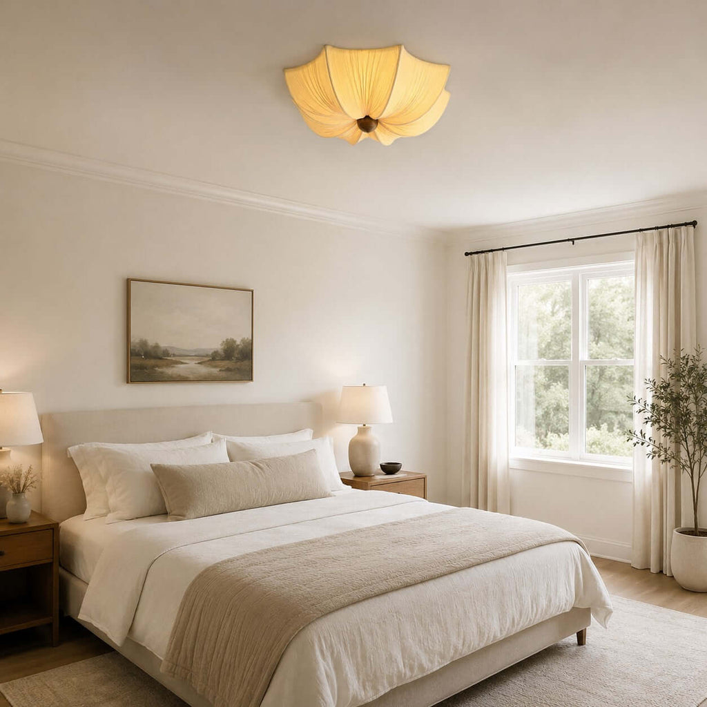 Ceiling Light Metal Fabric Wood | Modern Minimalist Flush Mount | Integrated 50,000 Hour LED for Ambient Indoor Lighting
