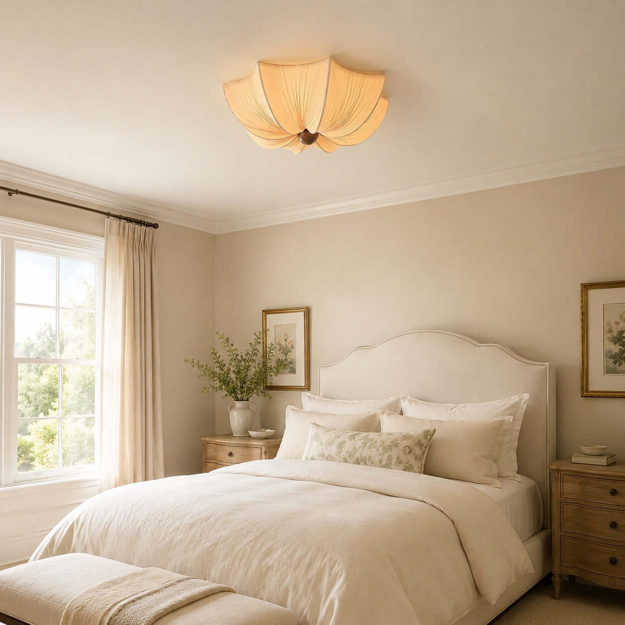 Ceiling Light Metal Fabric Wood | Modern Minimalist Flush Mount | Integrated 50,000 Hour LED for Ambient Indoor Lighting