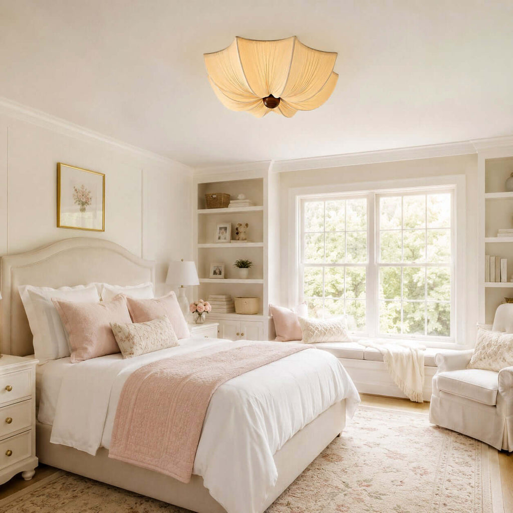 Ceiling Light Metal Fabric Wood | Modern Minimalist Flush Mount | Integrated 50,000 Hour LED for Ambient Indoor Lighting