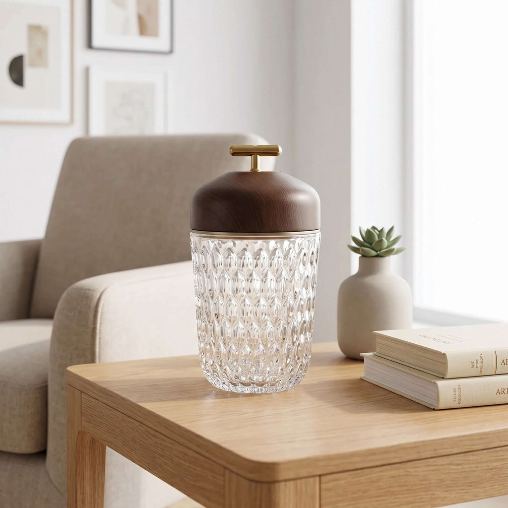 Portable Lamp Metal Wood and Crystal Glass | Integrated LED Touch Control | 2000mAh Battery for Cordless Ambient Lighting