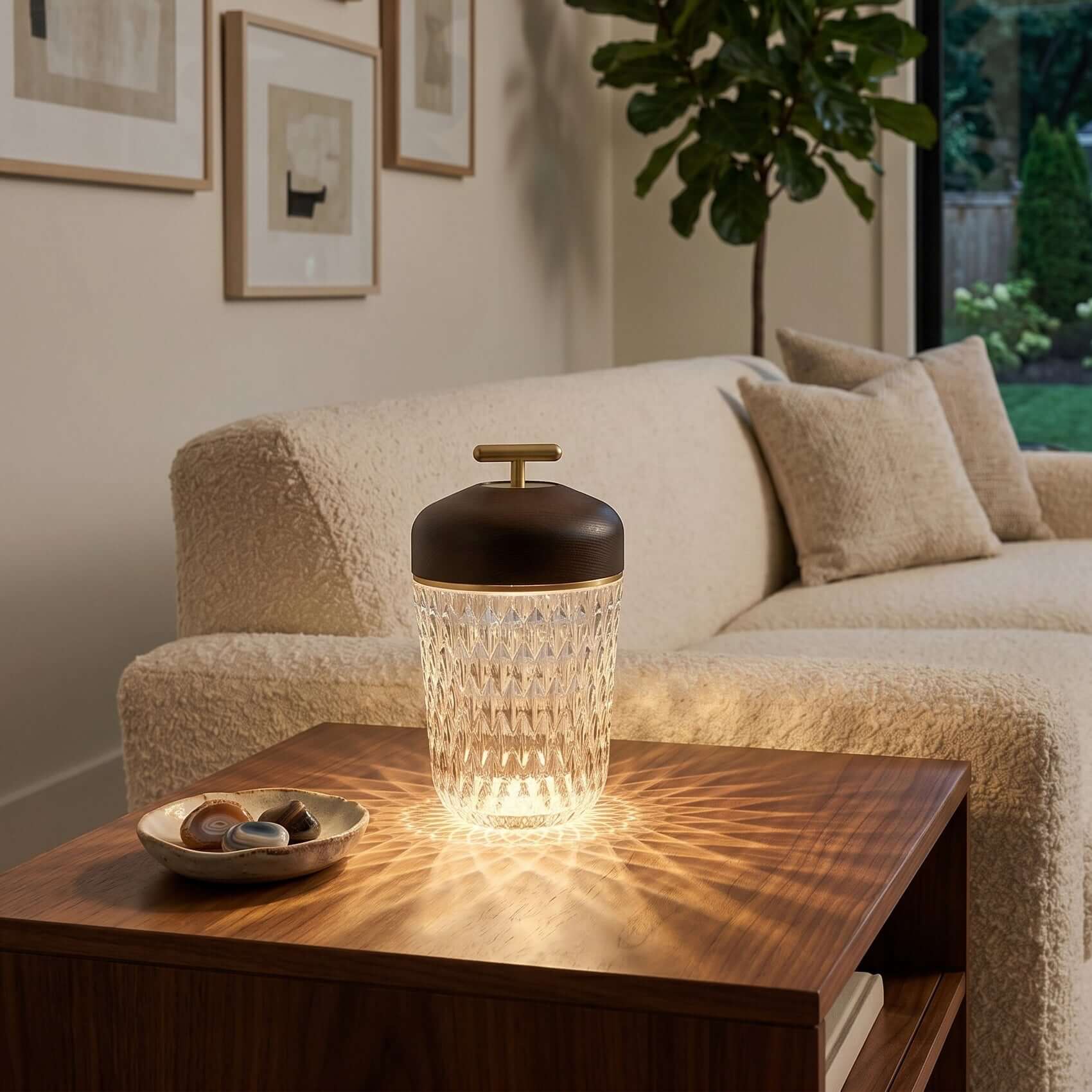 Portable Lamp Metal Wood and Crystal Glass | Integrated LED Touch Control | 2000mAh Battery for Cordless Ambient Lighting