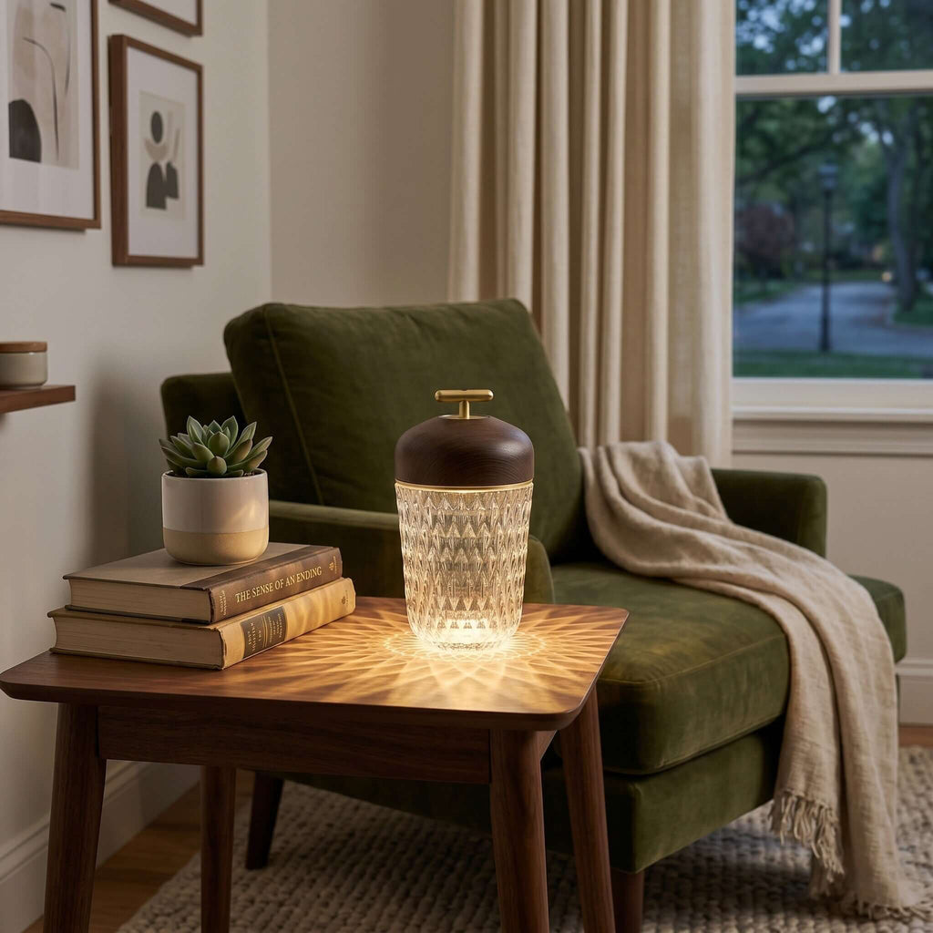 Portable Lamp Metal Wood and Crystal Glass | Integrated LED Touch Control | 2000mAh Battery for Cordless Ambient Lighting