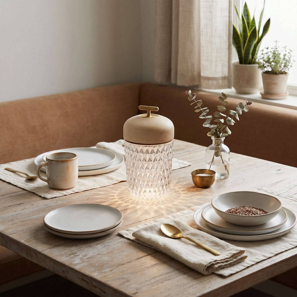 Portable Lamp Metal Wood and Crystal Glass | Integrated LED Touch Control | 2000mAh Battery for Cordless Ambient Lighting