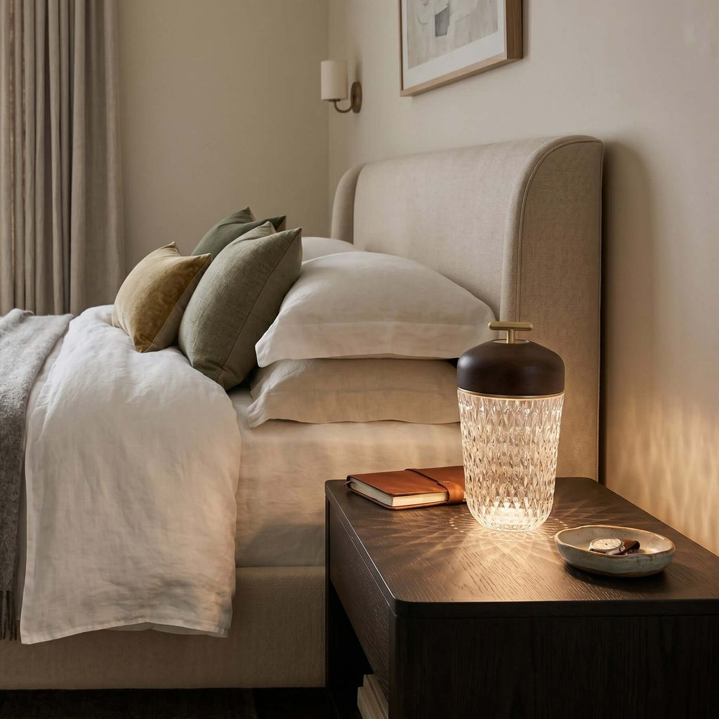 Portable Lamp Metal Wood and Crystal Glass | Integrated LED Touch Control | 2000mAh Battery for Cordless Ambient Lighting