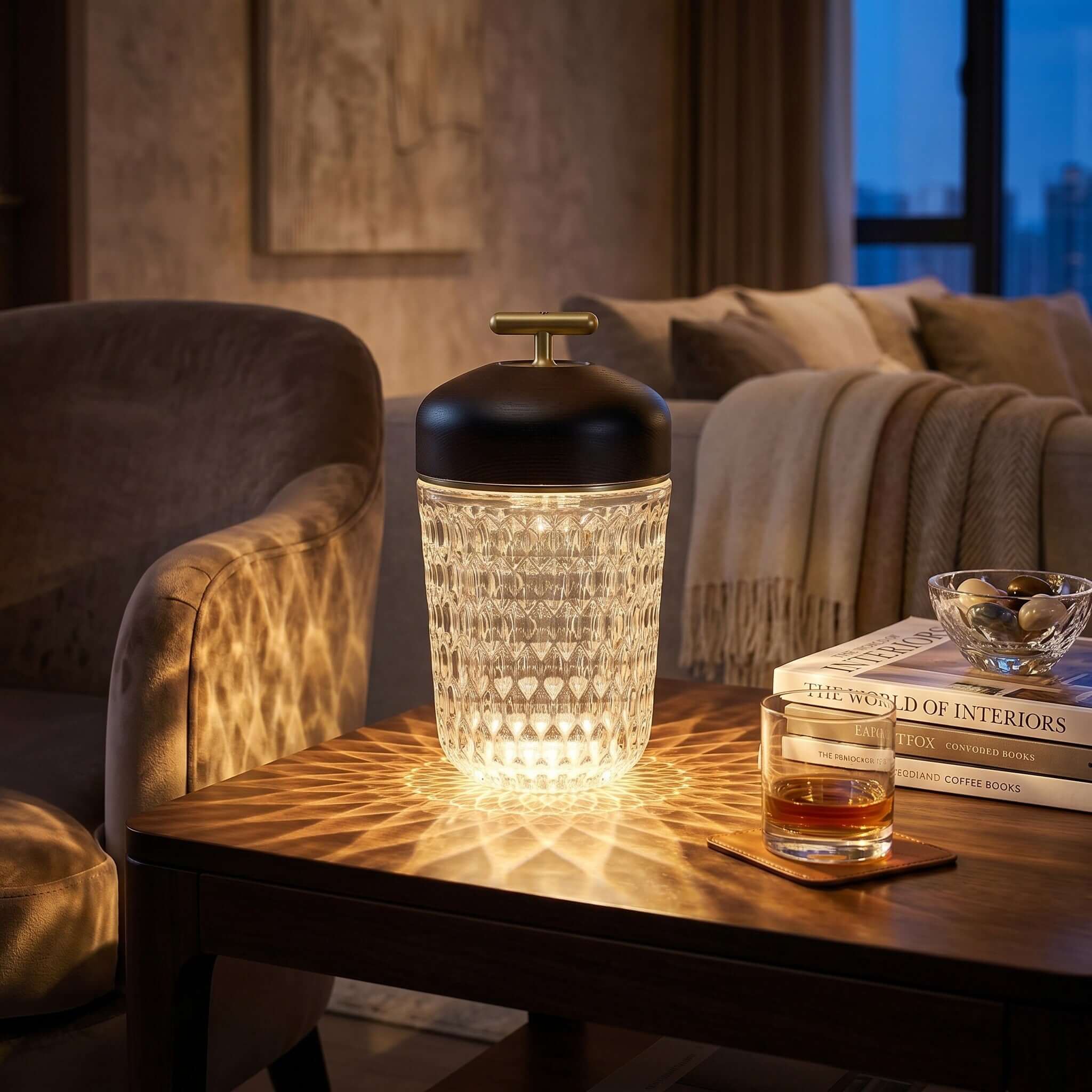 Portable Lamp Metal Wood and Crystal Glass | Integrated LED Touch Control | 2000mAh Battery for Cordless Ambient Lighting
