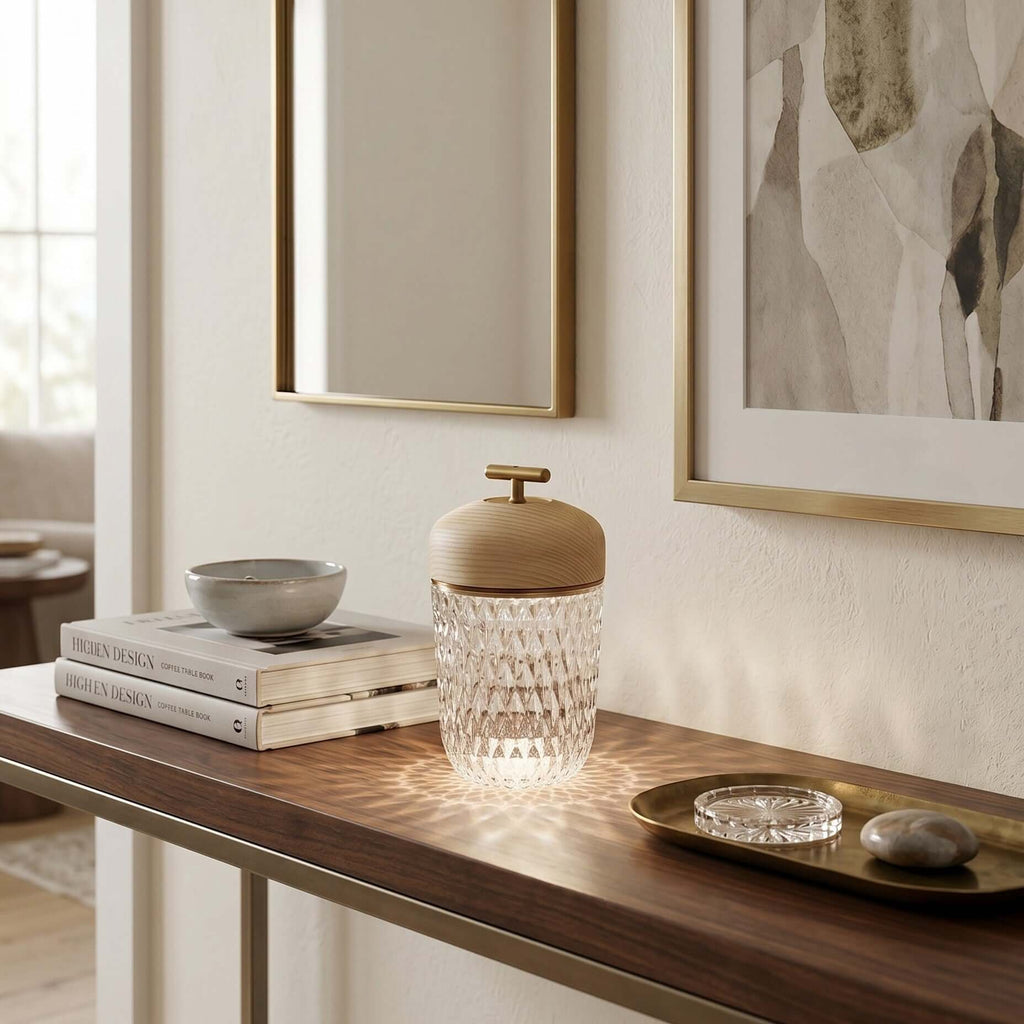 Portable Lamp Metal Wood and Crystal Glass | Integrated LED Touch Control | 2000mAh Battery for Cordless Ambient Lighting