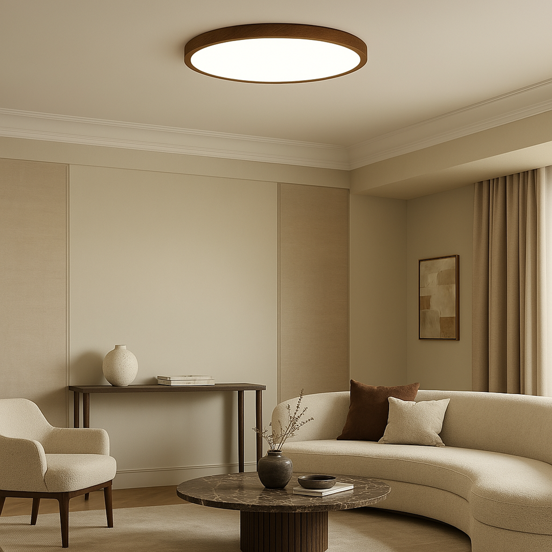Dark Wood Grain Ceiling Lamp – Round Diffuser Minimalist Natural Design