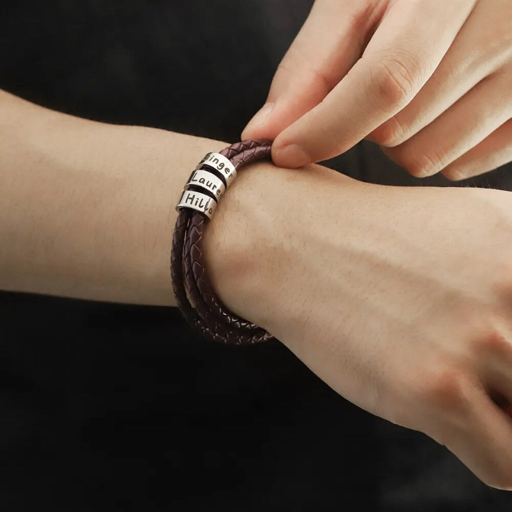 Personalized Leather Bracelet with Custom Engraved Name Beads - Men's Family Name Wristband - Genuine Leather Jewelry Gift