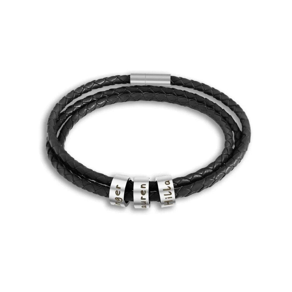 Personalized Leather Bracelet with Custom Engraved Name Beads - Men's Family Name Wristband - Genuine Leather Jewelry Gift