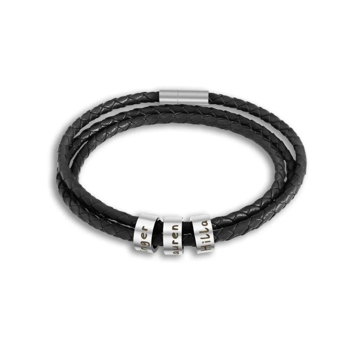 Personalized Leather Bracelet with Custom Engraved Name Beads - Men's Family Name Wristband - Genuine Leather Jewelry Gift