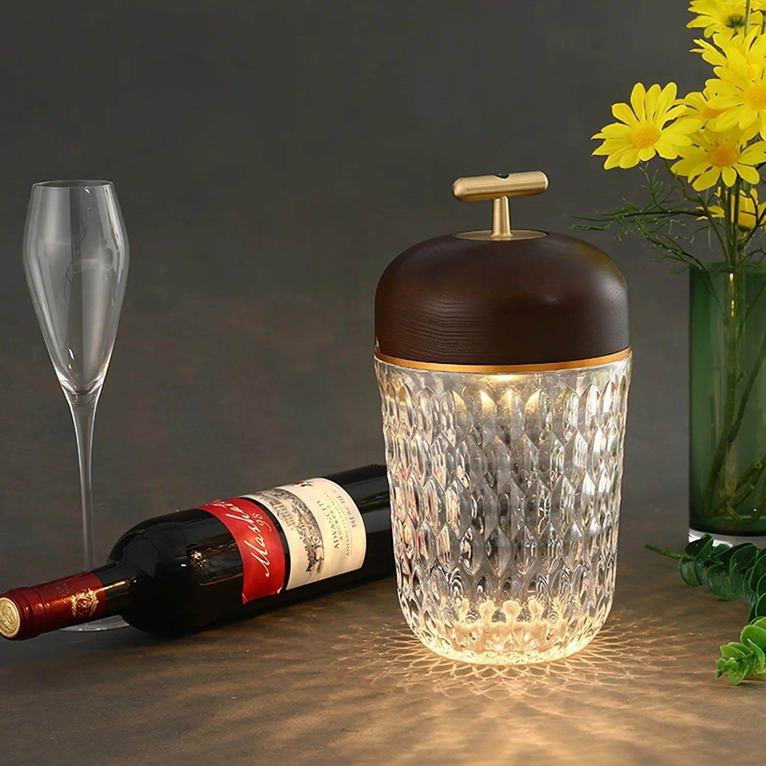 Portable Lamp Metal Wood and Crystal Glass | Integrated LED Touch Control | 2000mAh Battery for Cordless Ambient Lighting
