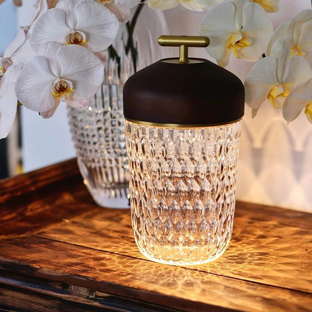 Portable Lamp Metal Wood and Crystal Glass | Integrated LED Touch Control | 2000mAh Battery for Cordless Ambient Lighting