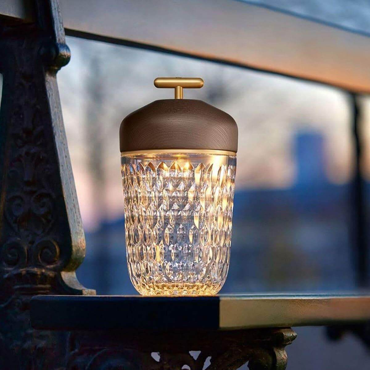 Portable Lamp Metal Wood and Crystal Glass | Integrated LED Touch Control | 2000mAh Battery for Cordless Ambient Lighting