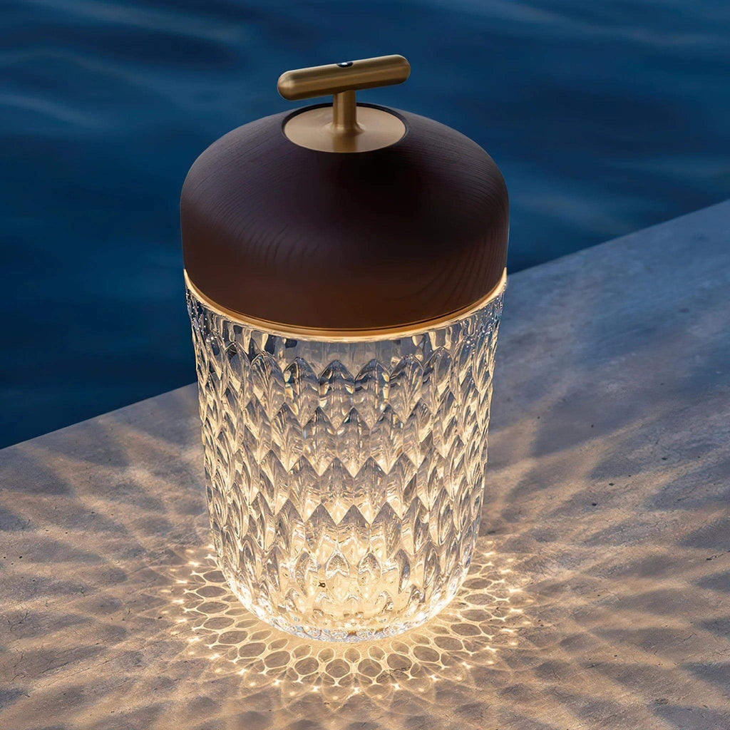 Portable Lamp Metal Wood and Crystal Glass | Integrated LED Touch Control | 2000mAh Battery for Cordless Ambient Lighting