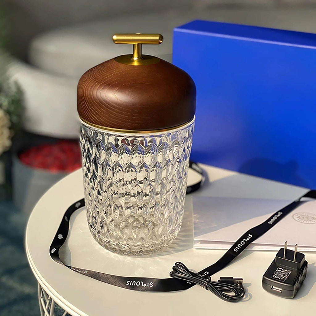 Portable Lamp Metal Wood and Crystal Glass | Integrated LED Touch Control | 2000mAh Battery for Cordless Ambient Lighting