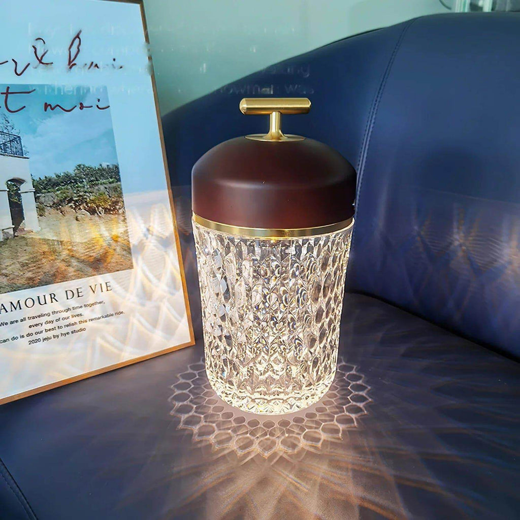 Portable Lamp Metal Wood and Crystal Glass | Integrated LED Touch Control | 2000mAh Battery for Cordless Ambient Lighting