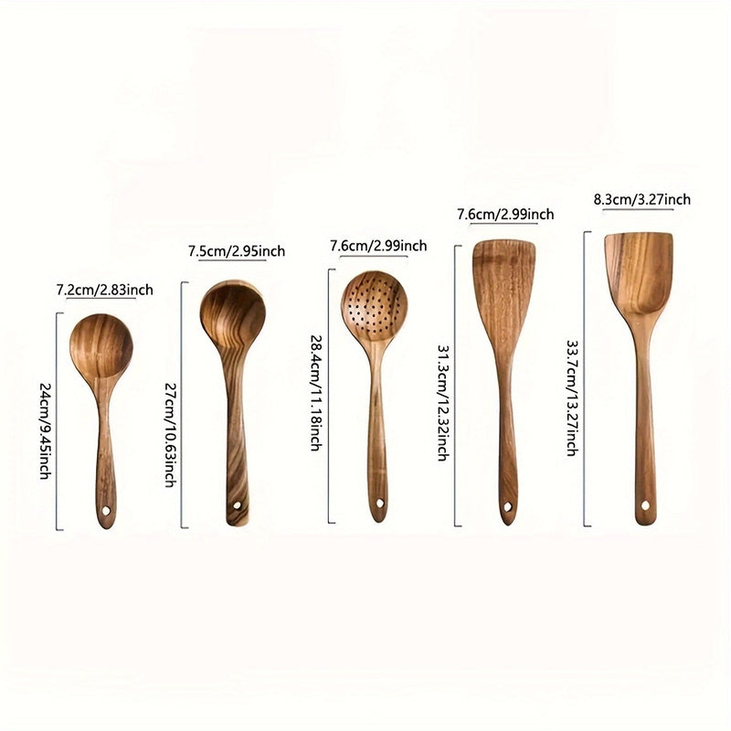 Kitchen Utensil Set Wood 5 Pieces | Natural Grain Finish | Ergonomic Handles for Comfortable and Efficient Cooking