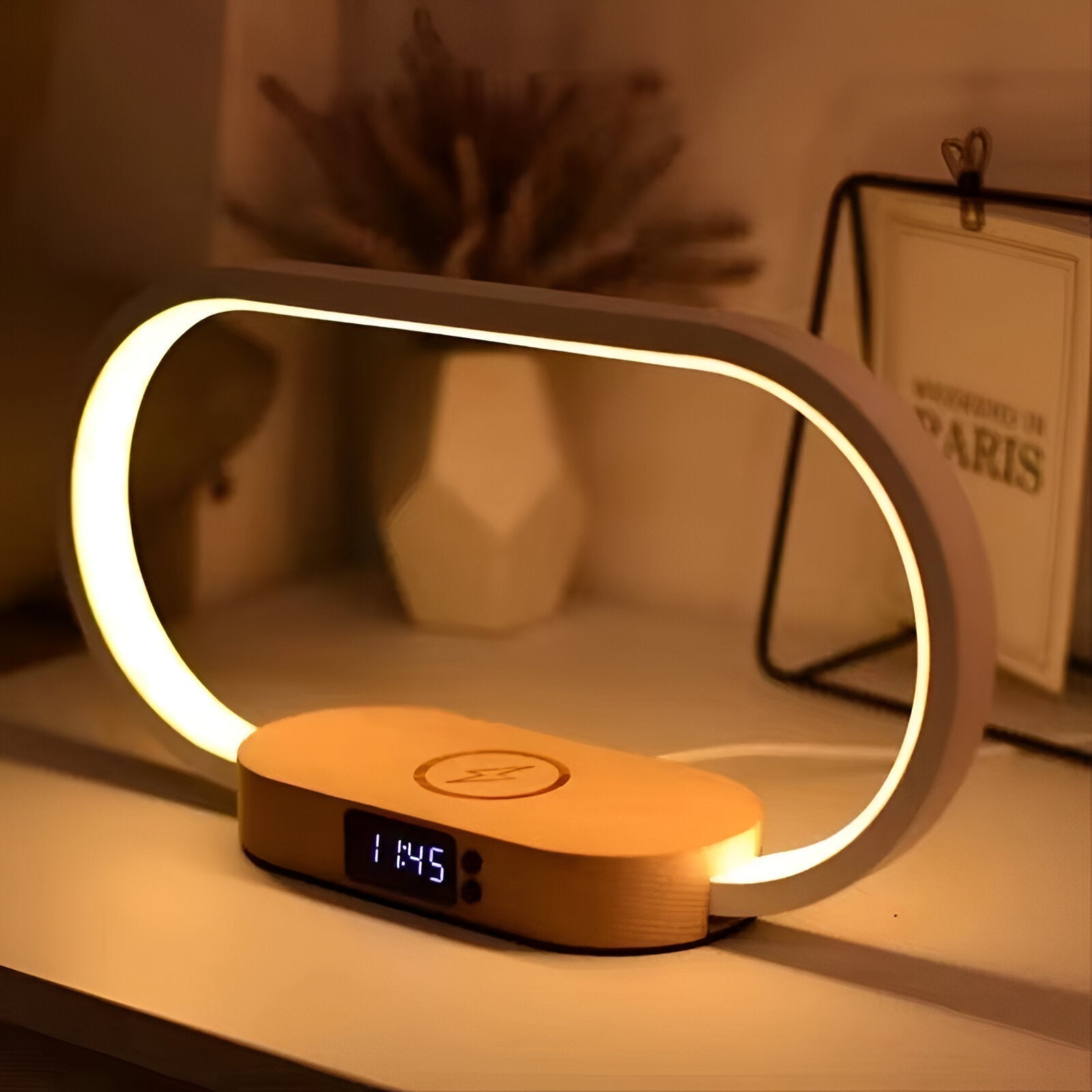 Modern LED Desk Lamp Wireless Charging Clock Bedside Night Light