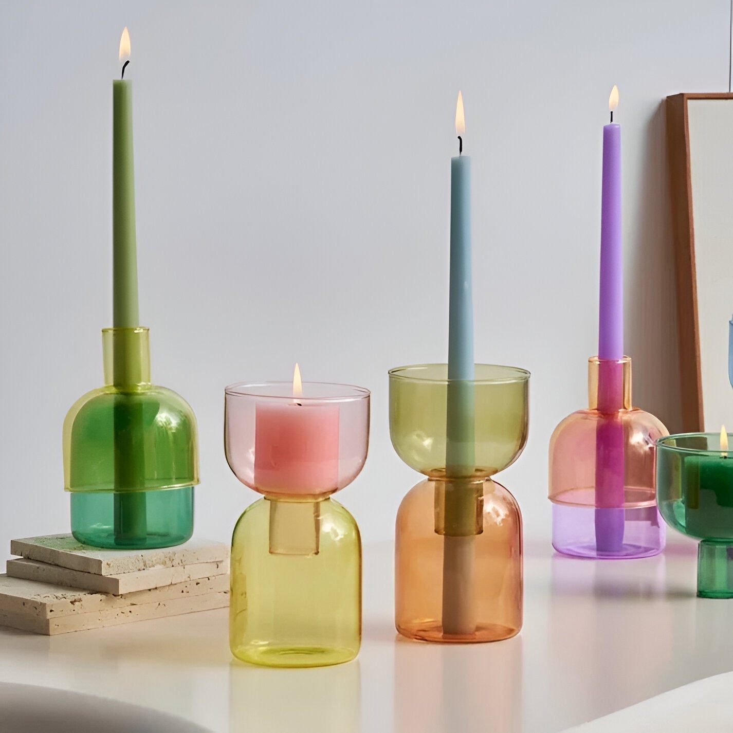Colorful Glass Candle Holder Modern Decorative Vase Contemporary Tabletop Accent Decor