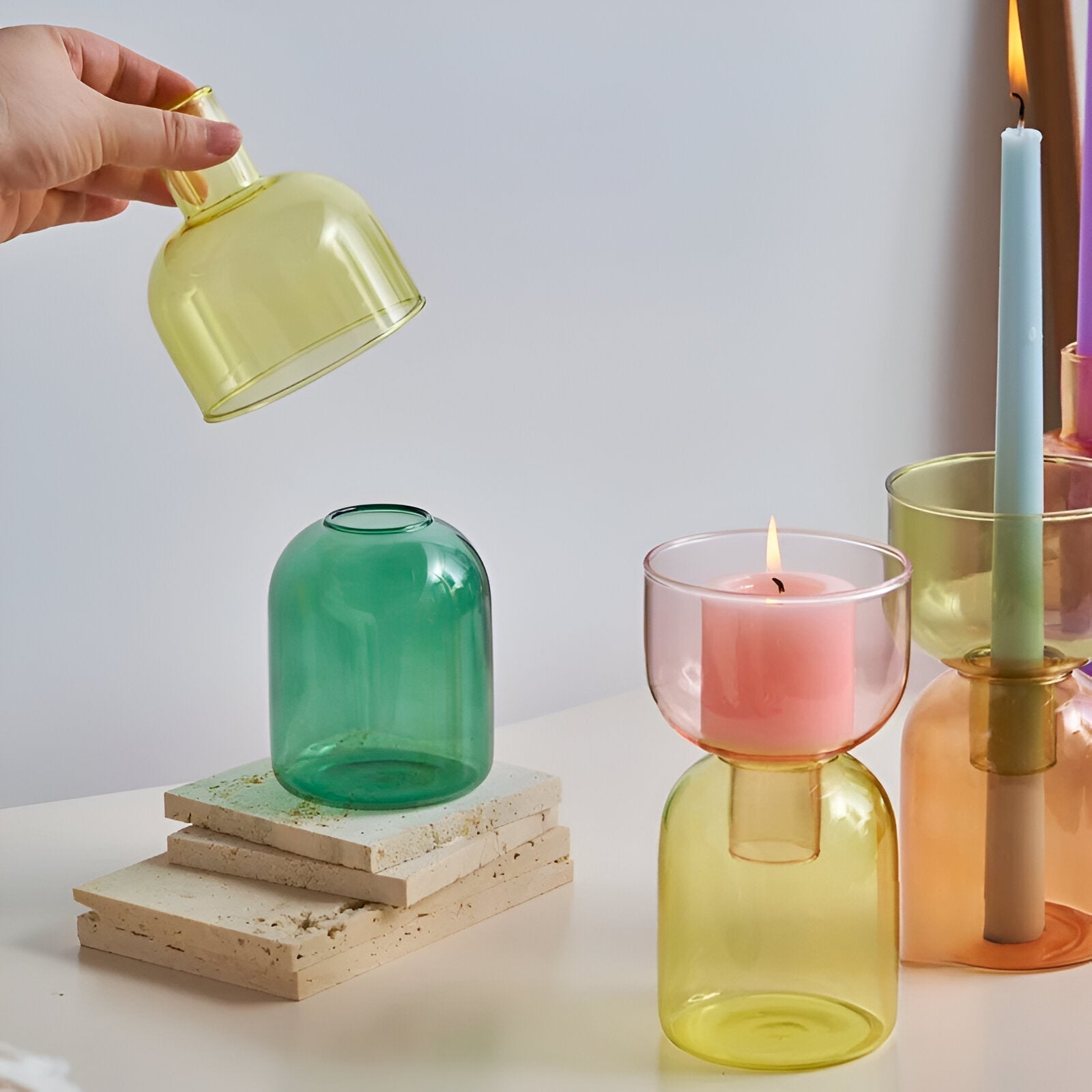 Colorful Glass Candle Holder Modern Decorative Vase Contemporary Tabletop Accent Decor