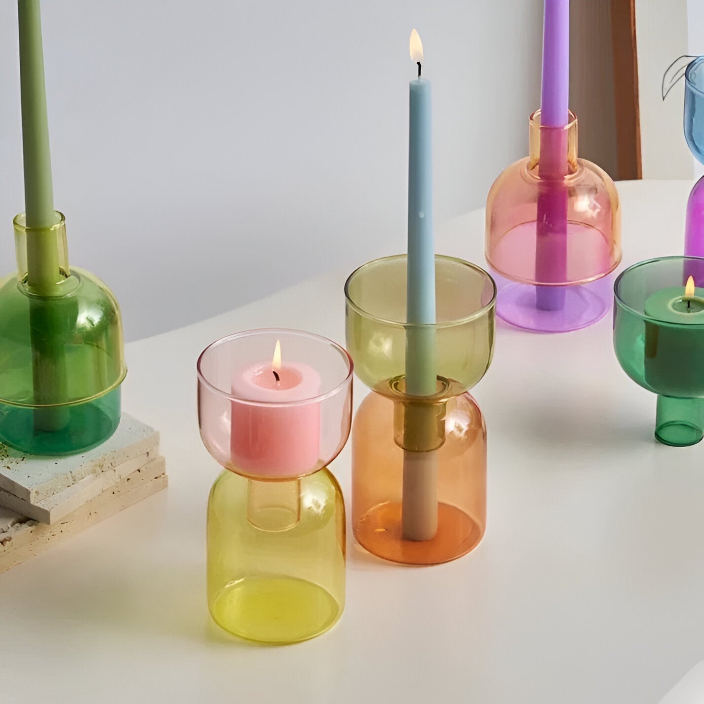 Colorful Glass Candle Holder Modern Decorative Vase Contemporary Tabletop Accent Decor