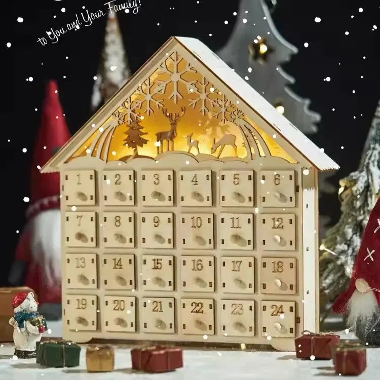 Light Up Wooden Advent Calendar with 24 Drawers | Refillable Christmas Countdown | Reusable Festive Holiday Home Decor