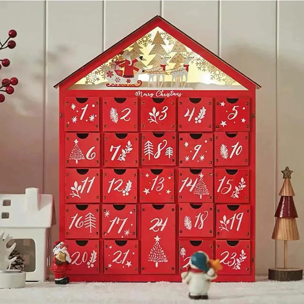 Light Up Wooden Advent Calendar with 24 Drawers | Refillable Christmas Countdown | Reusable Festive Holiday Home Decor