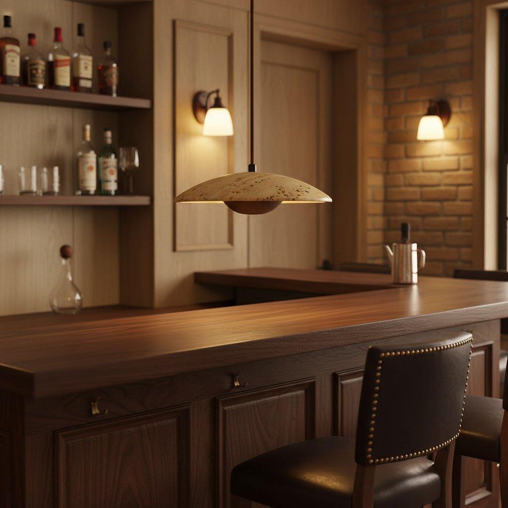 Adjustable Pendant Light Travertine Woven Wood | Japandi Style | Ambient Lighting for Dining and Living Spaces