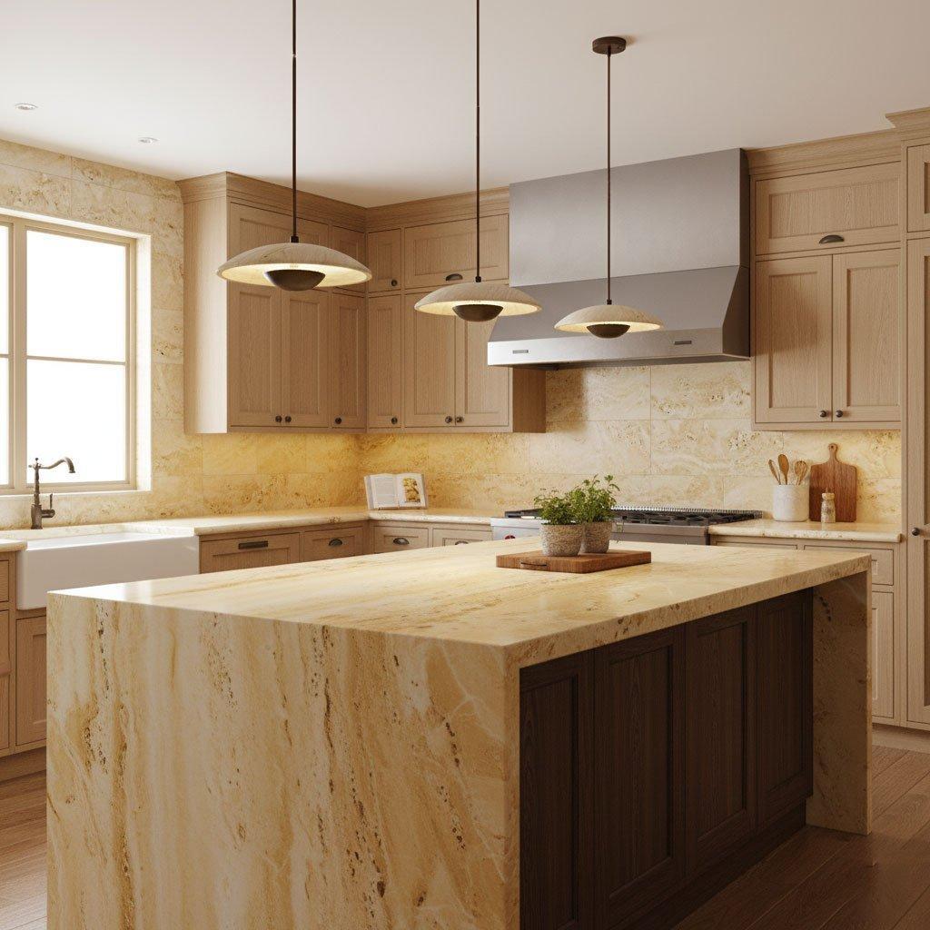 Adjustable Pendant Light Travertine Woven Wood | Japandi Style | Ambient Lighting for Dining and Living Spaces