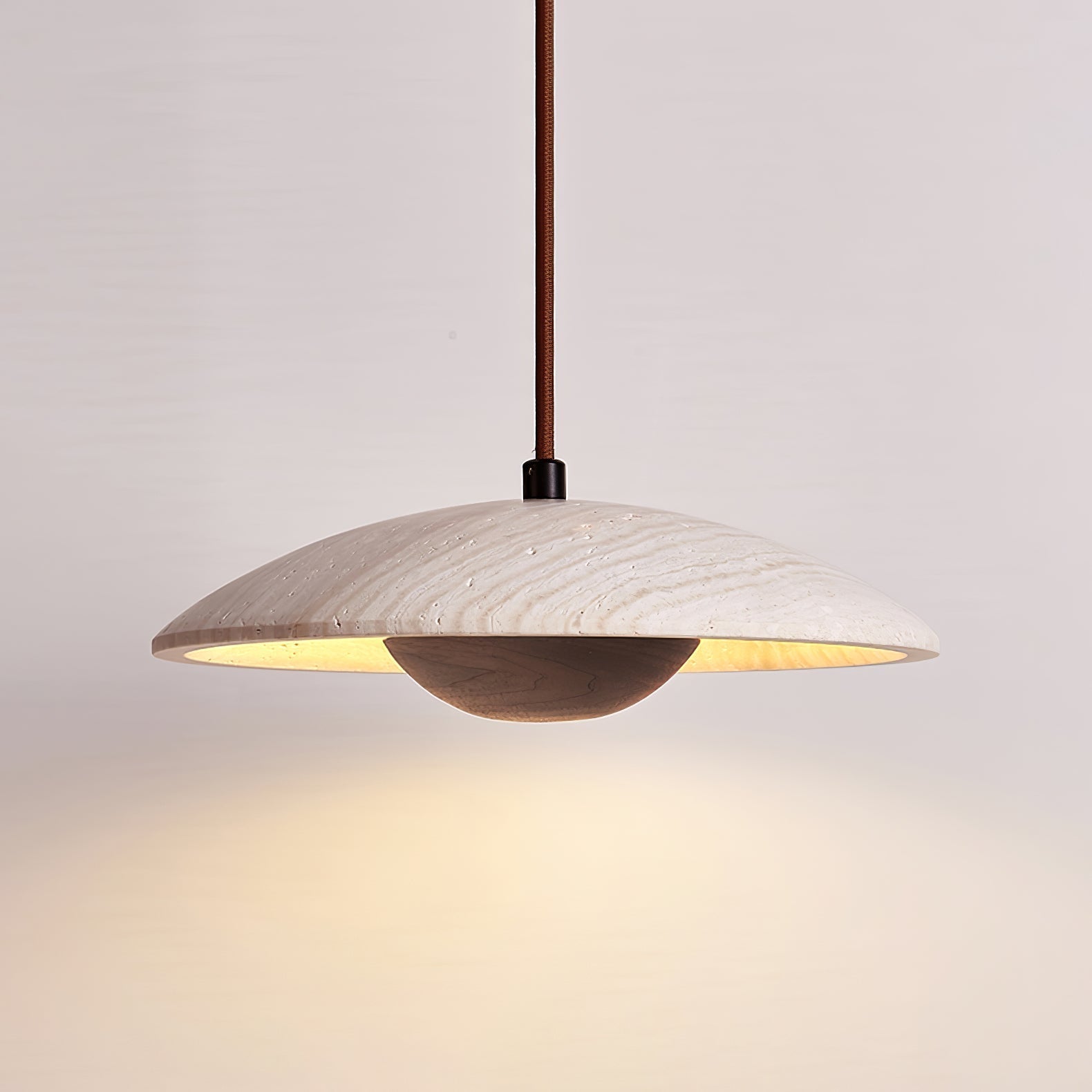 Adjustable Pendant Light Travertine Woven Wood | Japandi Style | Ambient Lighting for Dining and Living Spaces