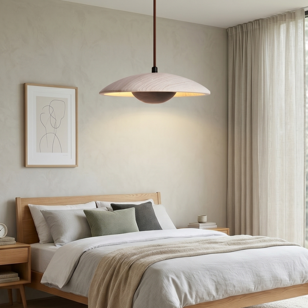 Adjustable Pendant Light Travertine Woven Wood | Japandi Style | Ambient Lighting for Dining and Living Spaces