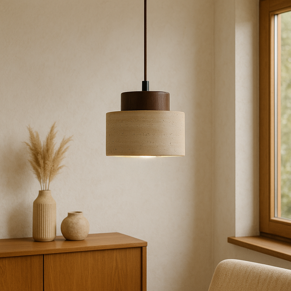 Travertine Stone Pendant Lamp – Cylindrical Natural Texture Minimalist Design