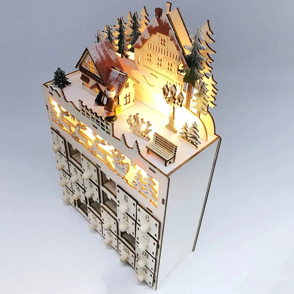 Wooden Advent Calendar with LED Lights - 24 Fillable Compartments for Reusable Christmas Holiday Home Decoration