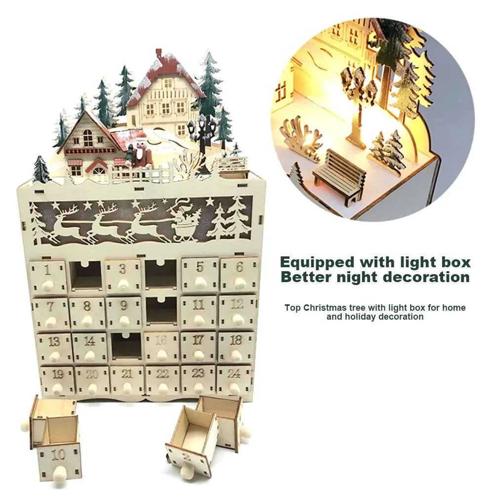Wooden Advent Calendar with LED Lights - 24 Fillable Compartments for Reusable Christmas Holiday Home Decoration