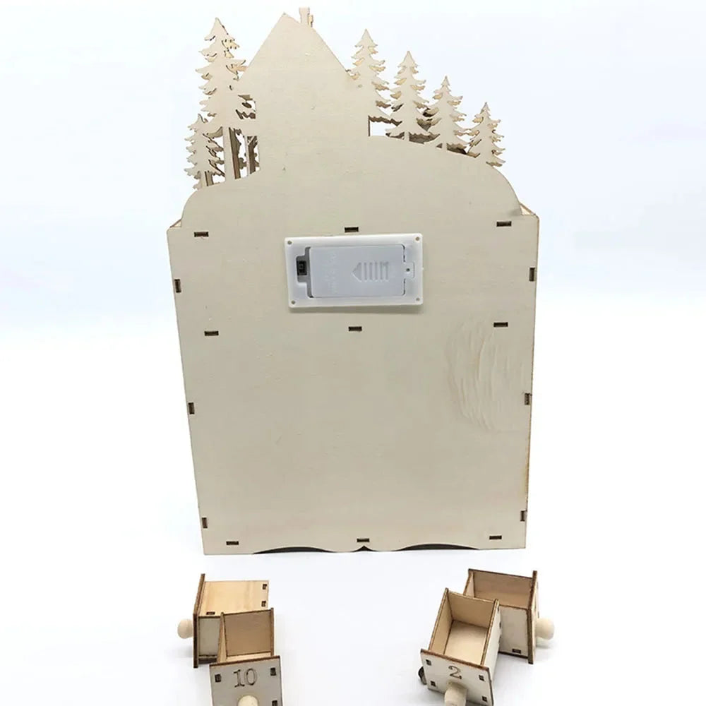Wooden Advent Calendar with LED Lights - 24 Fillable Compartments for Reusable Christmas Holiday Home Decoration