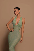 Women's Glitter Halter Neck Fitted Maxi Dress | Sparkling Evening Party Gown for Formal Occasions and Special Events